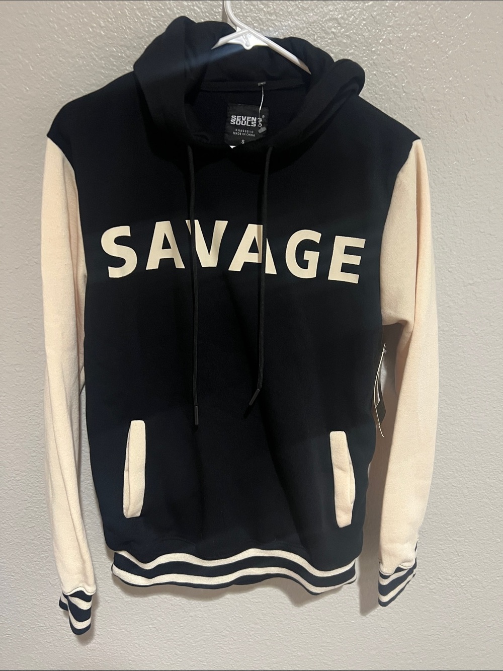 NWT Seven Souls SAVAGE Black & Cream Colorblock Hoodie
